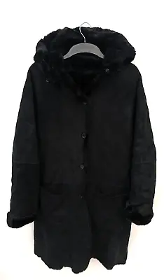 Vintage Janet Ibbotson Coat Womens UK 12 Black Sheepskin Shearling Hood 80s 90s • £158.90