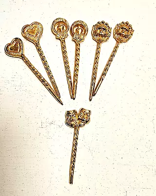 Vintage Set Of 7 Goldtone Appetizer Picks 2.5 In Tall • $34.99