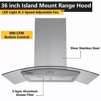 36 In Tieasy Island Hood Vents Stainless Steel 900CFM Kitchen 3-Speed Fan W/LEDs • $289.99