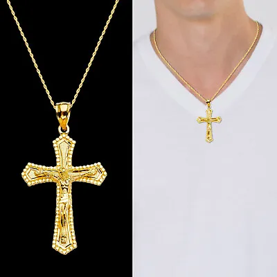 Mens Womens 14K Yellow Gold Religious Jesus Crucifix Pendant Cross • $288