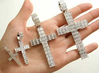 Mens Real Solid 925 Sterling Silver Cross Pendant Baguette Iced CZ Necklace • $110.42