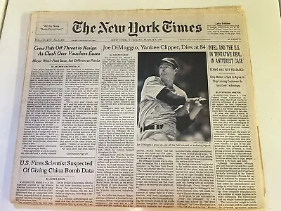 1999 MARCH 9 NEW YORK TIMES NEWSPAPER - JOE DIMAGGIO DIES AT 84 Yankees Complete • $14.99