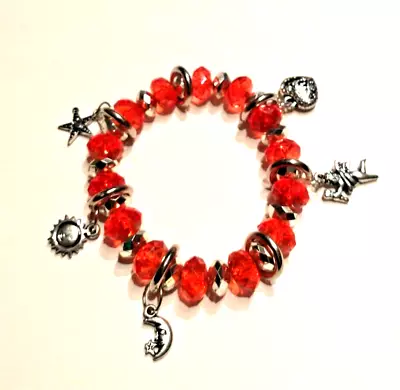 Sun Moon Stars Beaded And Silver-tone Stretch Bracelet ~ Cherry Red  Jello • $6.99