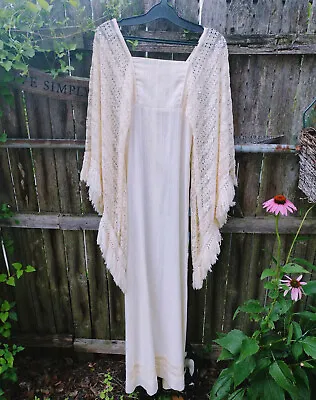 RARE Vintage MISS K Shaheen Gauze Bohemian Maxi Dress Angel Sleeves Fringe BOHO • $175