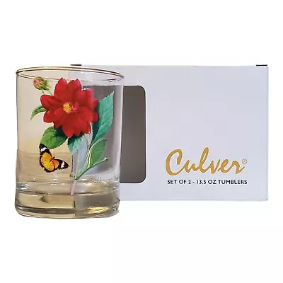 Culver 22k Gold Rim Dahlia ButterflyDOF Double Old-Fashioned Glasses 13.5 Oz • $39.99