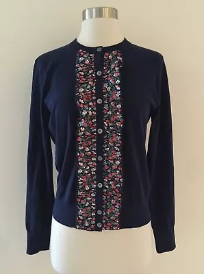 New J.Crew Liberty Ruffle Jackie Cardigan Cotton Blend Navy Floral H6194 Size M • $64.99