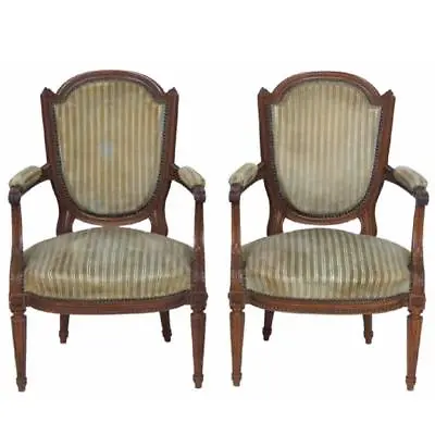 Finely Carved Walnut Pair French Louis XVI Arm Dining Chairs Fauteuils C1900 • $1213.50