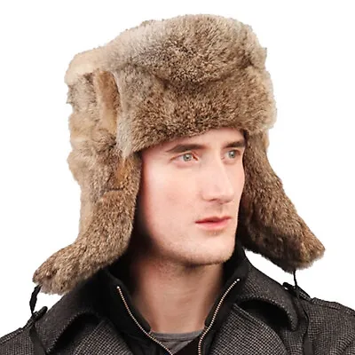 Brown Rabbit Fur Russian Ushanka Hat Real Fur Hat Winter Hat • £57.38