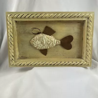 Fish Wall Sculpture 3D Beige Wood Rusty Metal 6.5”x10” Rope Frame • $15