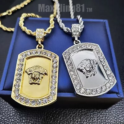 Iced Medusa Head Dog Tag Cubic Zirconia Pendant & 24  Rope Chain Bling Necklace • $13.99