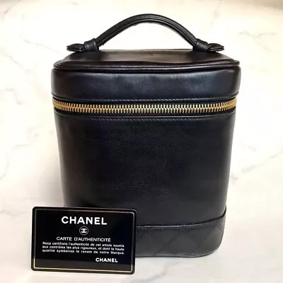 CHANEL Lambskin Leather Vanity Hand Bag Women Black COCO CC MARK Genuine USED • $1297.99