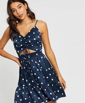 Tigerlily Akami Silk Blend Dress Size 14 Blue & White Polka Dot Cut Out Front • $28