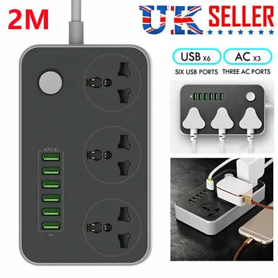 £14.59 • Buy Electric Plug Socket Extension Lead With 6 USB Cable UK Mains Power 3 Gang Way