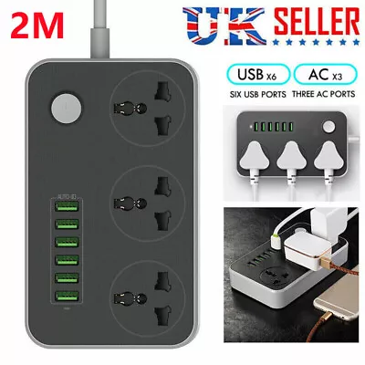 Electric Plug Socket Extension Lead With 6 USB Cable UK Mains Power 3 Gang Way • £10.98