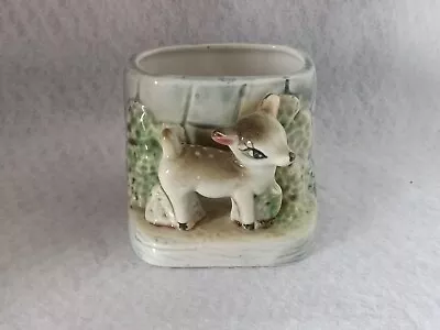 Vintage Mid Century Glazed Ceramic Baby Deer Planter Fawn In Garden 1950's • $17