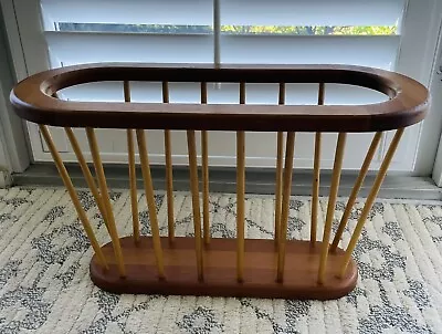 Vintage Wood Magazine Rack Solid  Wood Basket Brown Spindle Sides Oval Top • $19.75