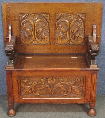 1920s Carved Oak Monks Bench Hall Seat • £395