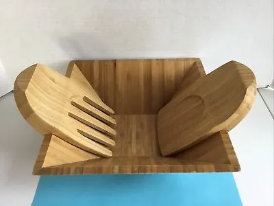 Pampered Chef #2249 Bamboo 9  Square Wooden Salad Bowl With Tongs / Hands NICE • $12.50