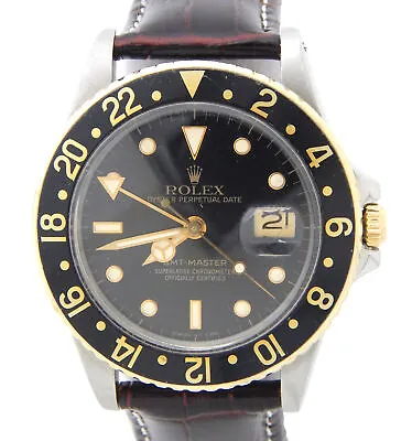 Rolex GMT-Master 16753 Stainless Steel Yellow Gold Watch Black Bezel Insert • $16761.10