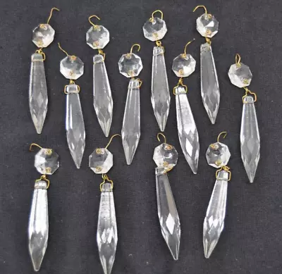 12 Vintage Cut Crystal Prisms Gold Chandelier Lustre Lamp Parts Spear 3  • $16