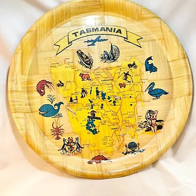 Vintage Woven Bamboo 13  Tasmania Souvenir Serving Tray Tourist Map MCM Kitschy • $5.99