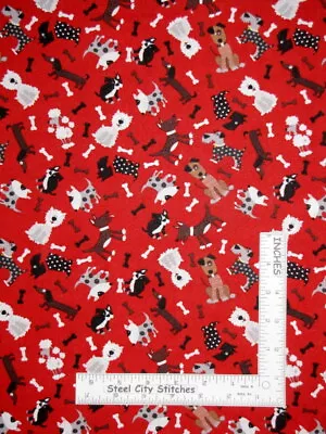 Puppy Dog Dogs Poodle Dachshund Bone Toss Red Cotton Fabric  By Yard • $10.98