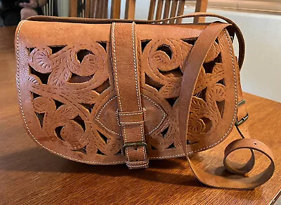 Vintage Leather Crossbody Messenger Bag Cut Out Floral Detail • $20