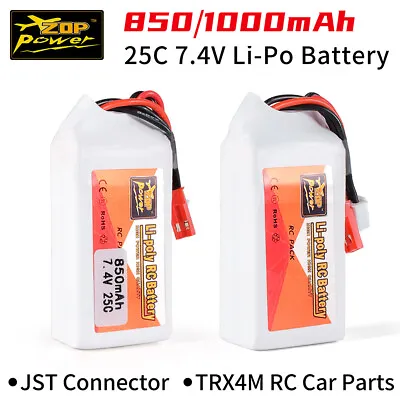 ZOP Power 7.4V Lipo Battery 25C 850/1000mAh With JST Plug For TRX4M RC Car Drone • $18.24