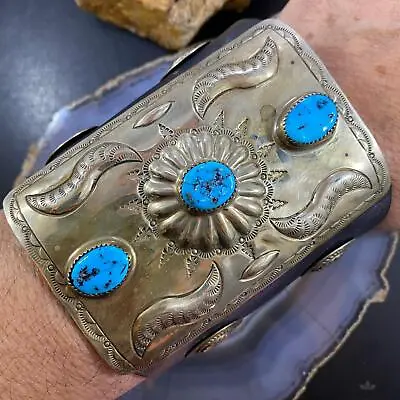 Vintage Native American Silver Leather & 3 Kingman Turquoise Ketoh Bow Guard • $850