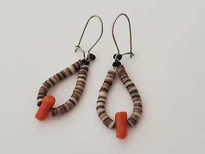 Old Vintage Native American Heishi Bead & Coral Dangle Earrings • $7.80