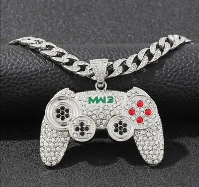 SILVER Iced Out Hip-Hop Necklace Game Console Jewellery Crystal Controller • £13.49
