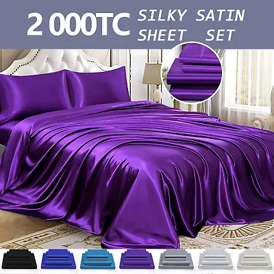 2000TC Silk Satin Flat Fitted Sheet Set 4PCS Pillowcase Single/Double/Queen/King • $29.79