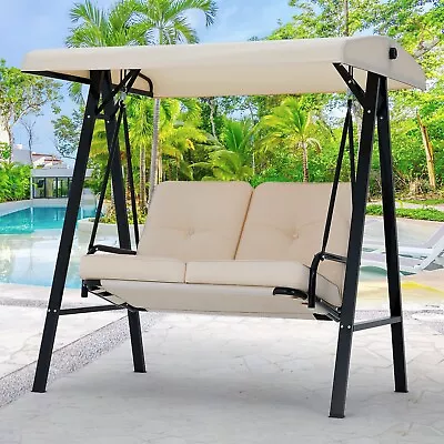 Outdoor 2 Seat Garden Swing Chair Steel Swing Hammock Bench W/Cushions Beige • £146.99