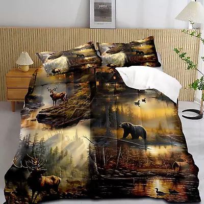 3PCS Black Bear Deer Cabin Comforter Set Queen Size Elk Moose Mallard Duck Wood • $97.01