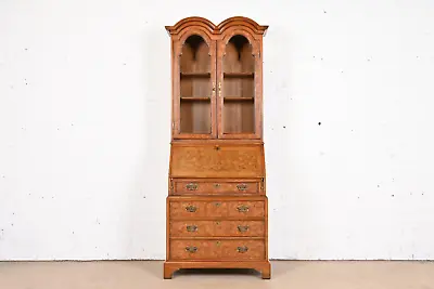 John Stuart Georgian Burl Wood Drop Front Secretary Desk With Bookcase Hutch • $2995