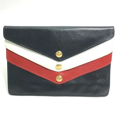 CELINE Vintage Tricolor 3 Button Triomphe Pouch Clutch Bag Dark Navy/Red X White • $235