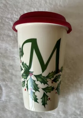 Lenox HOLIDAY Thermal Ceramic Coffee Mug M Monogram Red Silicone Lid • £10.40