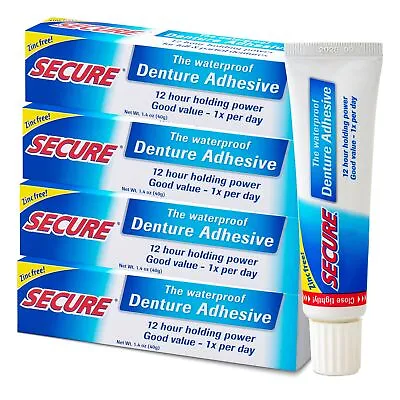 Secure Waterproof Denture Adhesive Zinc Free Extra Strong 12 Hour Hold (4 Pack) • $65.57