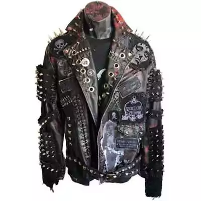 Mens Gothic Full Metal Spiked Studded Black Leather Jacket Veste En Cuir Homme • $299