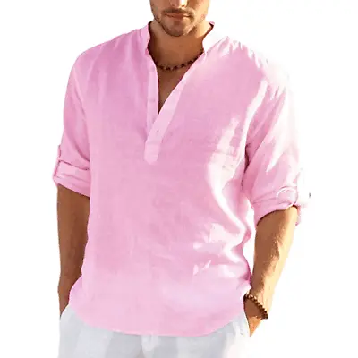 $19.75 • Buy Men's Cotton Linen V-Neck Long Sleeve T-Shirt Tops Casual Loose Solid Blouse Tee