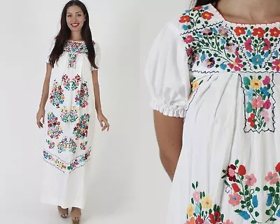 Vtg White Heavily Embroidered Long Mexican Maxi Dress Ethnic Puebla Fiesta Frock • $84