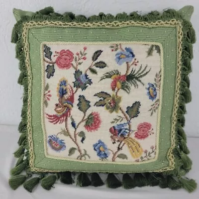 Floral Embroidered Pillow Jacobean Bird Tassels Petite Point Tropical 16  Vtg • $60