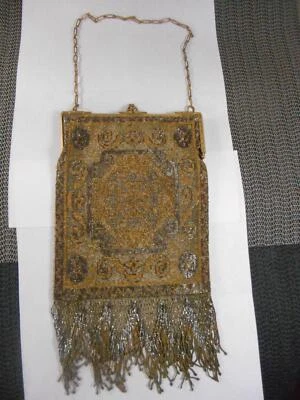 $9.99 • Buy Antique Micro Steel Cut Beaded Purse W Fringe Silver & Gold Art Deco Flapper