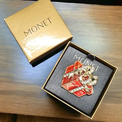 Signed Monet Gift Box Brooch Pin Red Enamel Pave Bow Christmas Present Gold Tone • $24.99