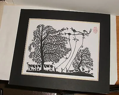 Japanese Stencil Paper Cut Kid Flying Kites Landscape Print Signed By The Artist • $99.99