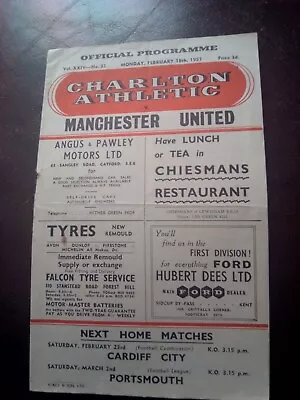 1956/57 Manchester United Vs Charlton Athletic Vintage Away Program Busby Babes  • £12