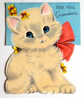 Vintage Adorable Flocked Kitten Cat Pink Bow Grandma Mother's Day Norcross Card  • $6