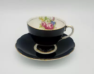 Vintage Foley Bone China Cup & Saucer Black & Gold Scallop With Floral Bouquet  • $12.16