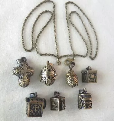 Wish Prayer Box Locket Necklace Brass Tone Cross Square Round Urn Egg Shapes • $8.99