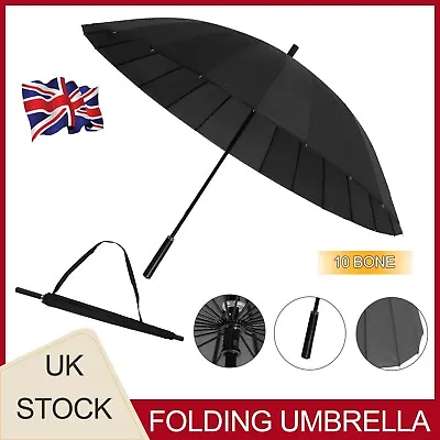 Unisex Super Strong Windproof 24 Steel Ribs Stormproof Folding Black Umbrella UK • £8.59